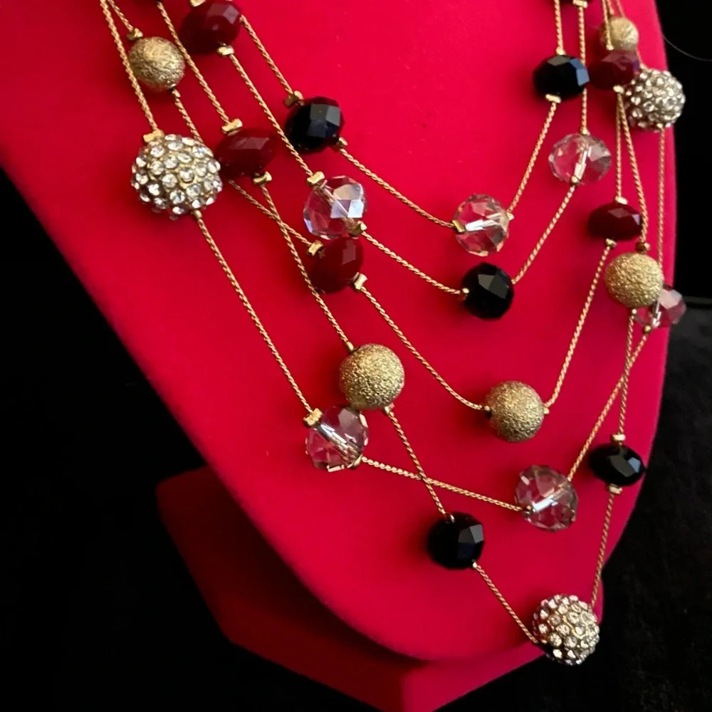 INC Gold Multi Strand Bauble Statement Necklace Red Black Crystal